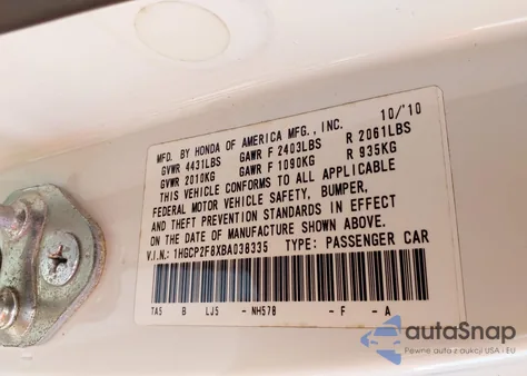 2011 Honda Accord 2.4 Ex-L z USA, uszkodzony, nr VIN 1HGCP2F8XBA038335